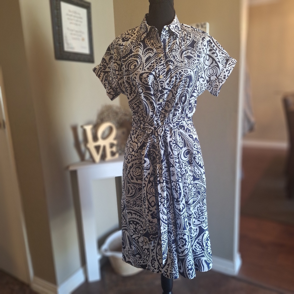 Talbots Paisley Print Navy and White Dress 6P